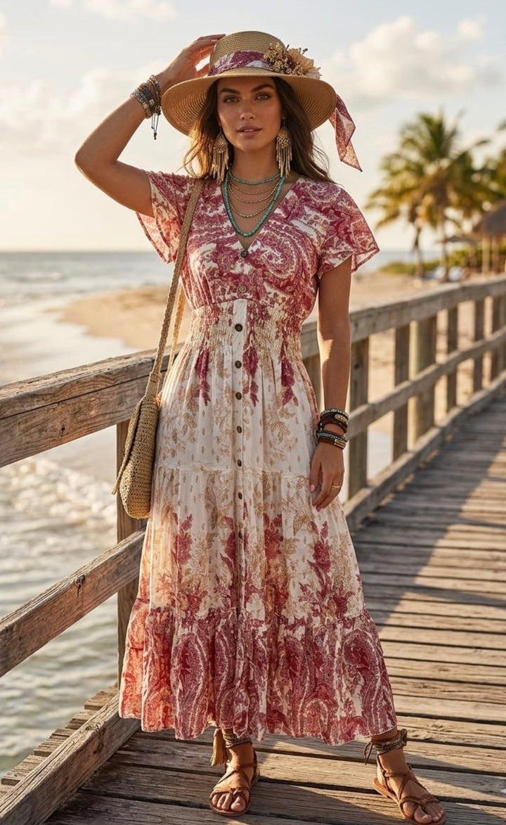 Trina Bohemian Button Midi Dress