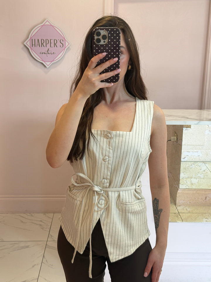 Matilda Striped Detail Waistcoat With Detachable Tie Belt