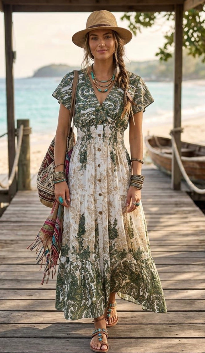 Trina Bohemian Button Midi Dress