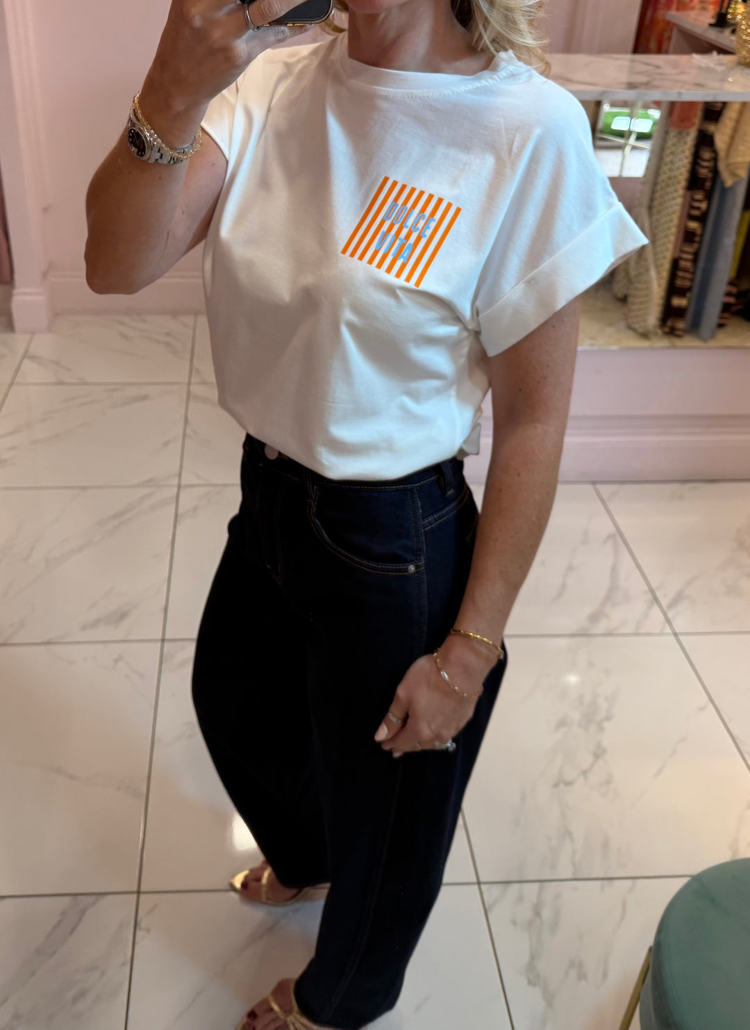 Harper White Print Sleeve T-Shirt