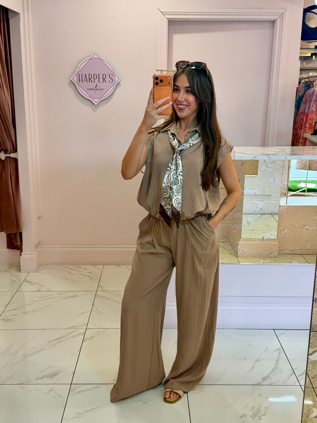 Mary Detachable Scarf Linen Feel Top &amp; Trouser Co Ord Set