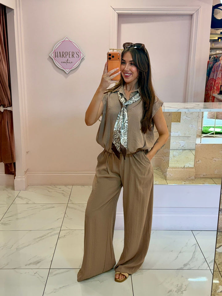 Mary Detachable Scarf Linen Feel Top &amp; Trouser Co Ord Set