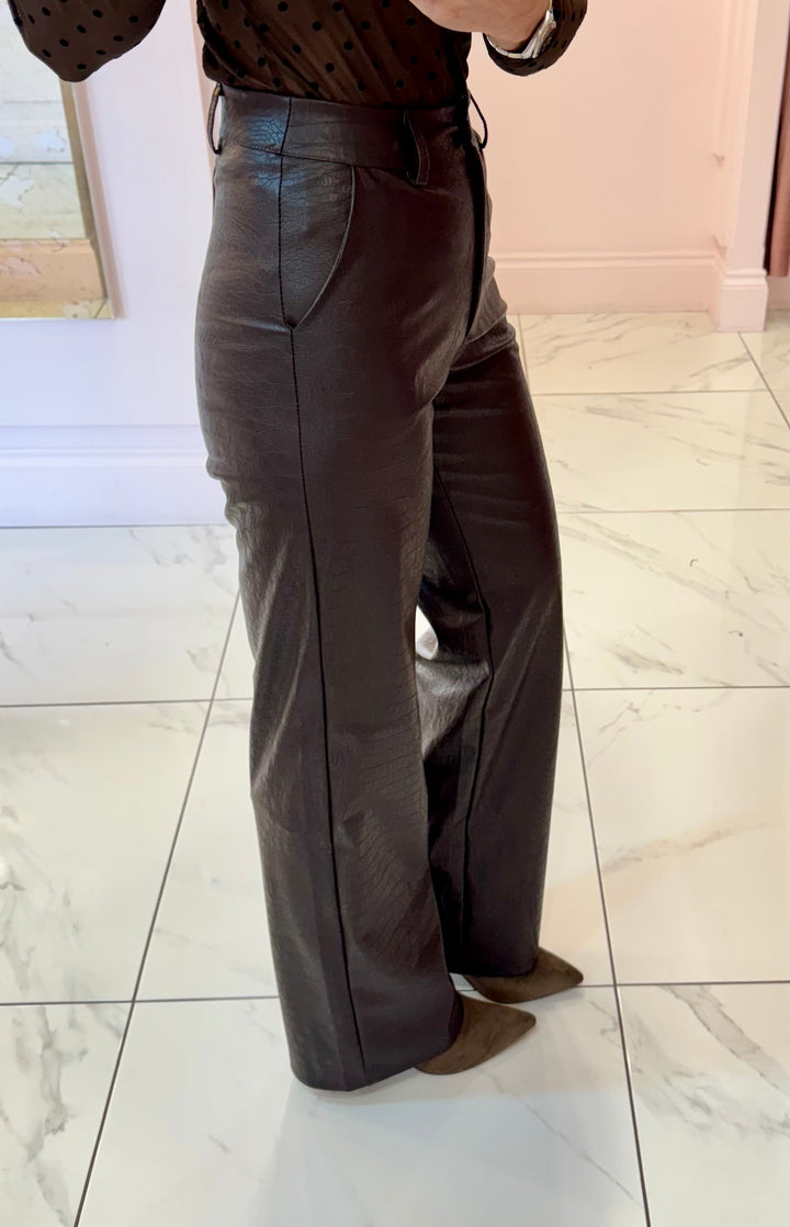 Valentina Brown Faux Leather Wide Leg Trousers