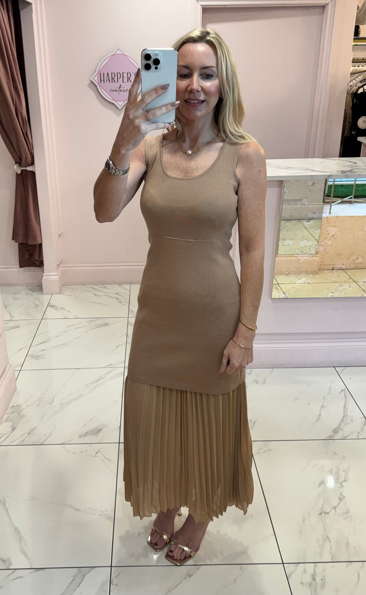 Riley Beige Pleated Skirt detail Dress