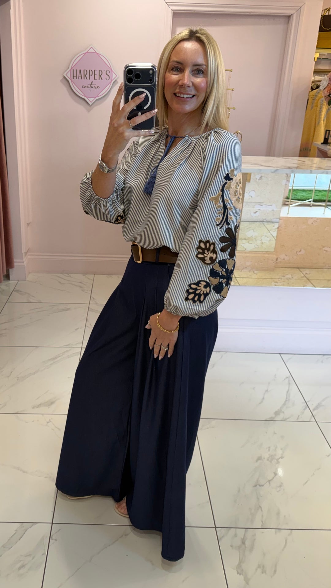 Andrea Stripe & Embroidery Detail Shirt/Blouse