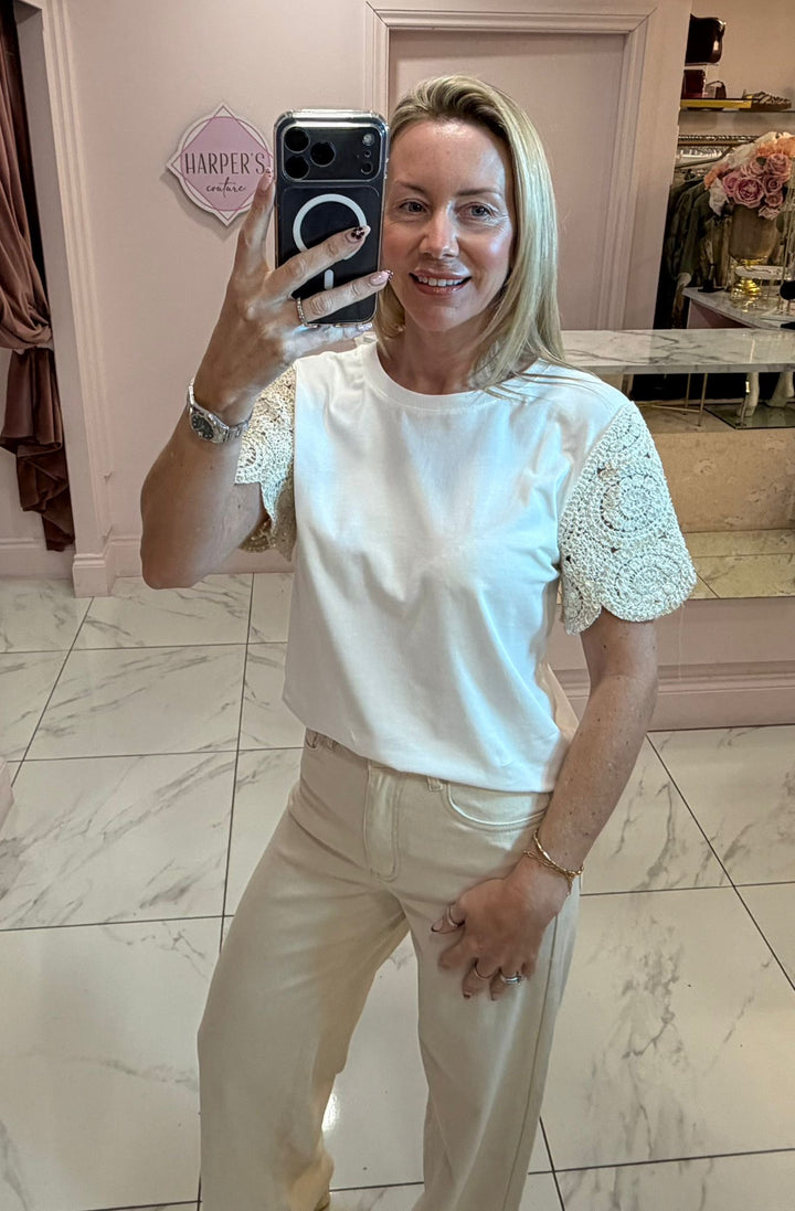 Calla White Crochet Sleeve T-Shirt