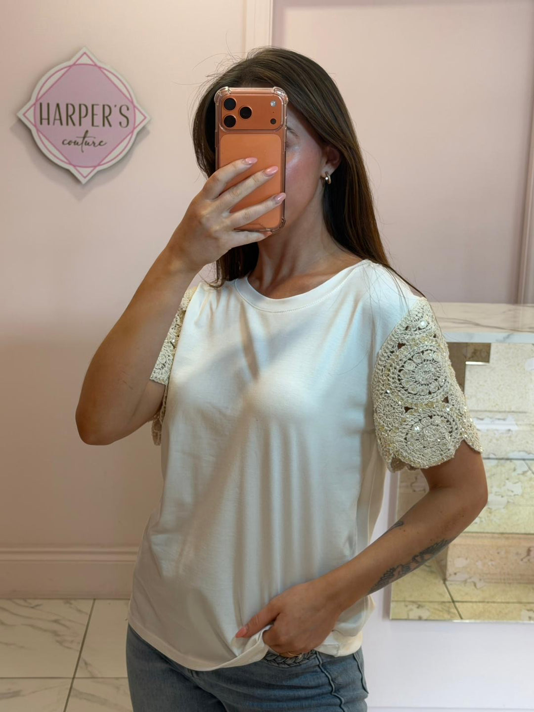 Calla White Crochet Sleeve T-Shirt