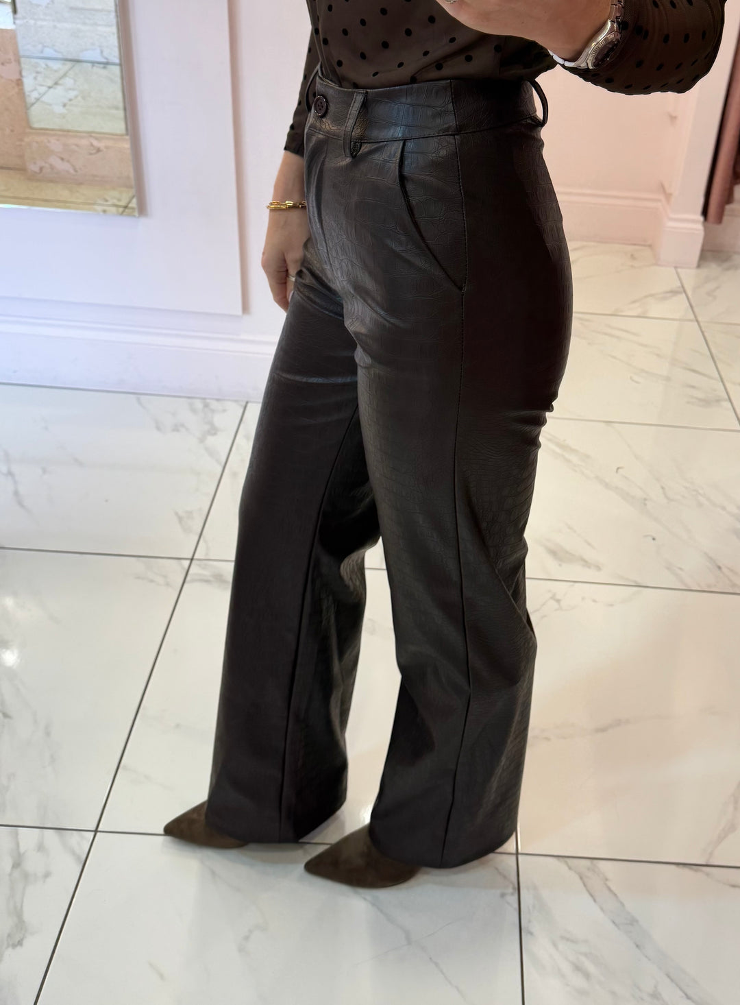 Valentina Brown Faux Leather Wide Leg Trousers