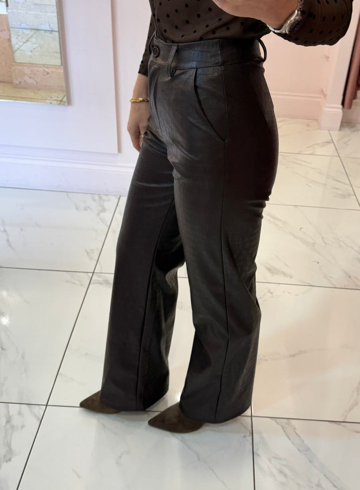 Valentina Brown Faux Leather Wide Leg Trousers