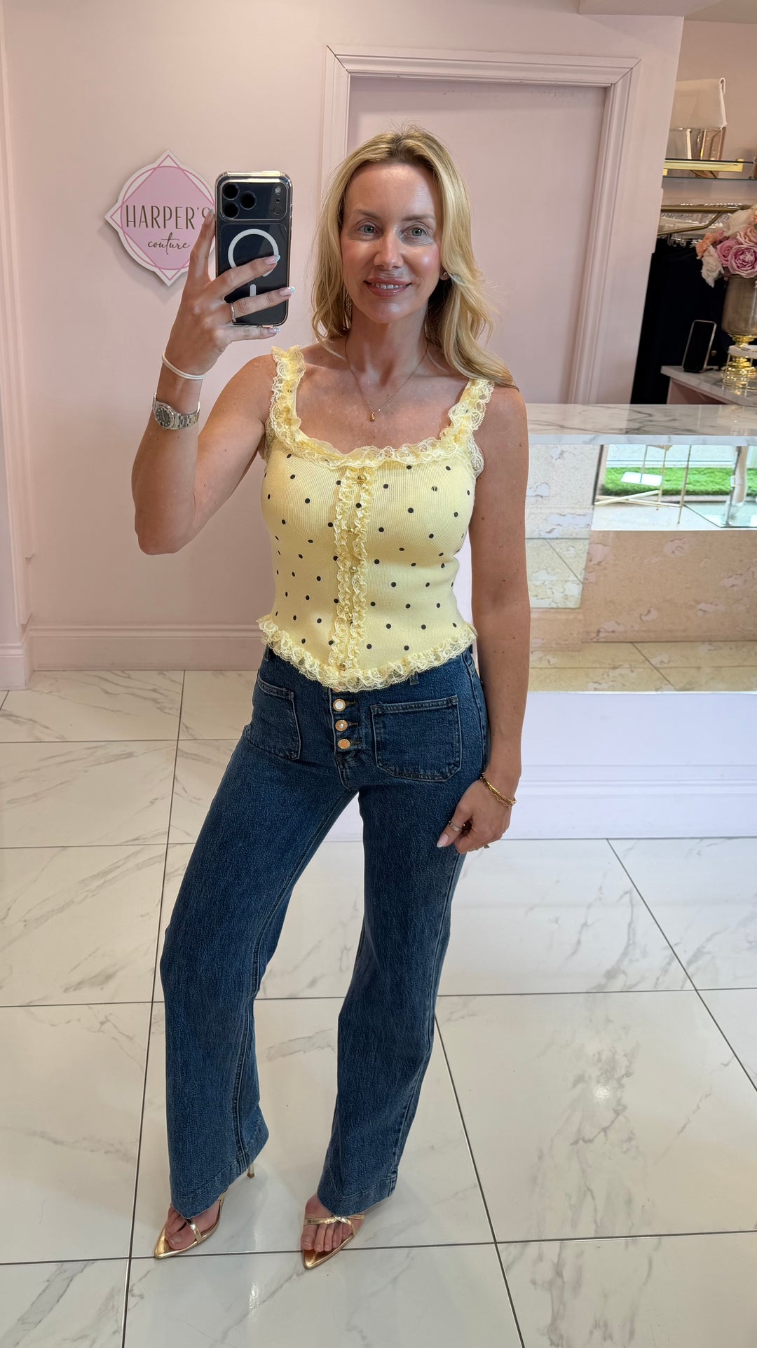 Ellen Polka Dot &amp; Lace Trim Top