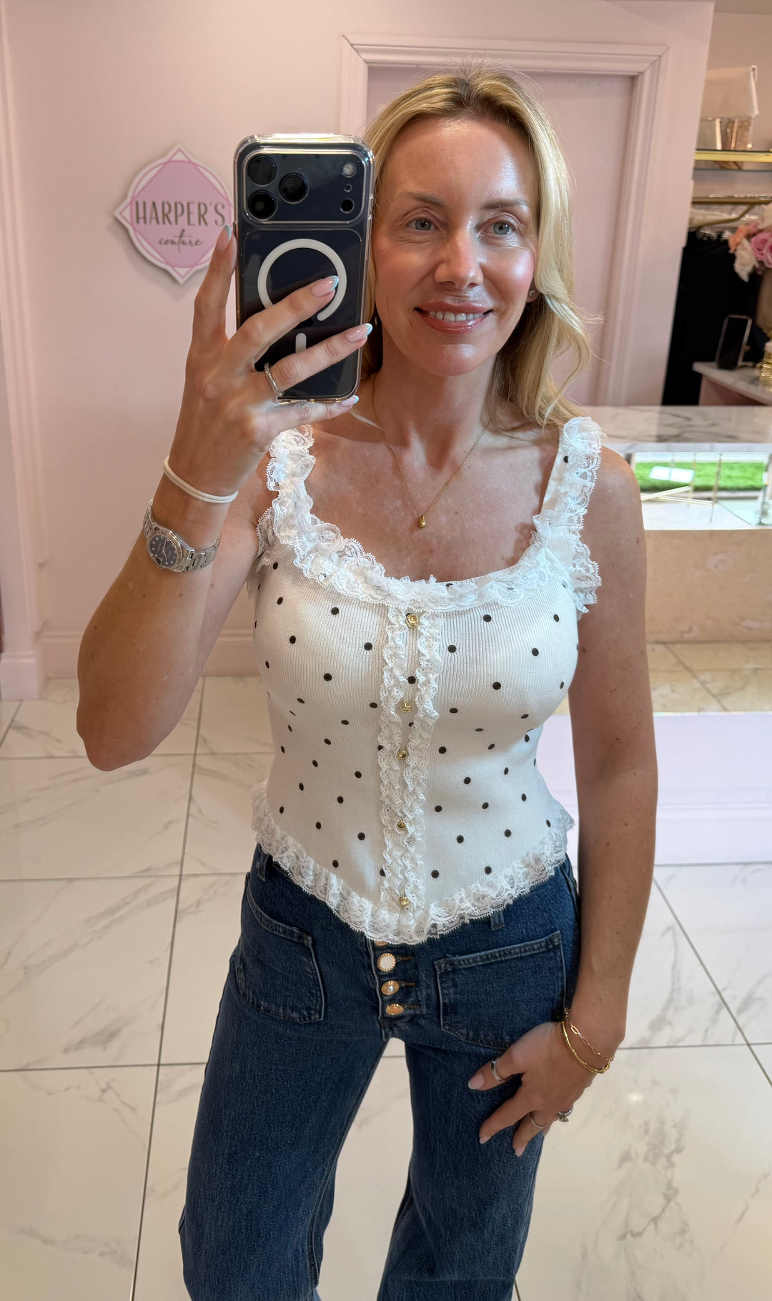 Ellen Polka Dot &amp; Lace Trim Top