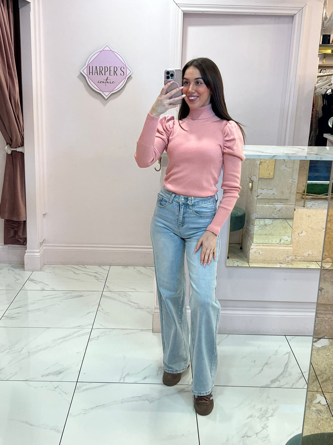 Patty Pink Puff Sleeve Polo Neck Knit Jumper