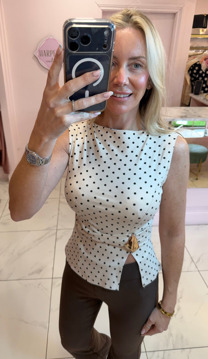 Beatrice Polka Dot Top With Gold Buckle Detail