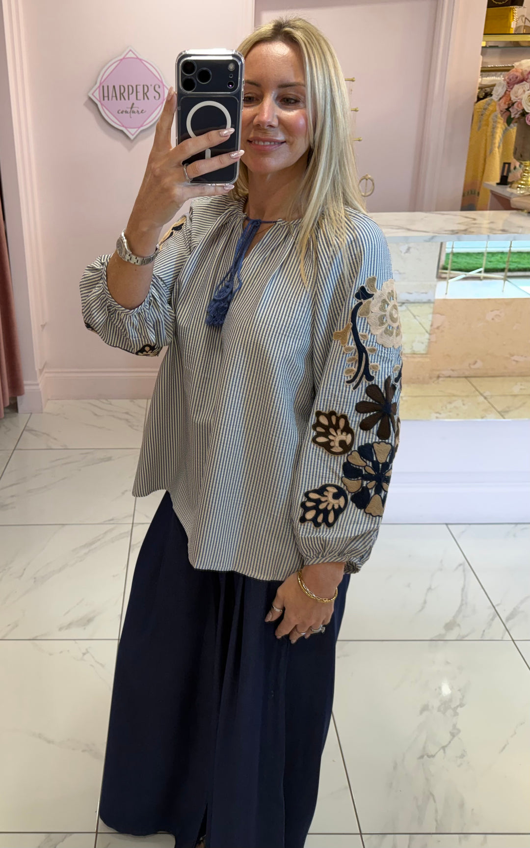 Andrea Stripe & Embroidery Detail Shirt/Blouse