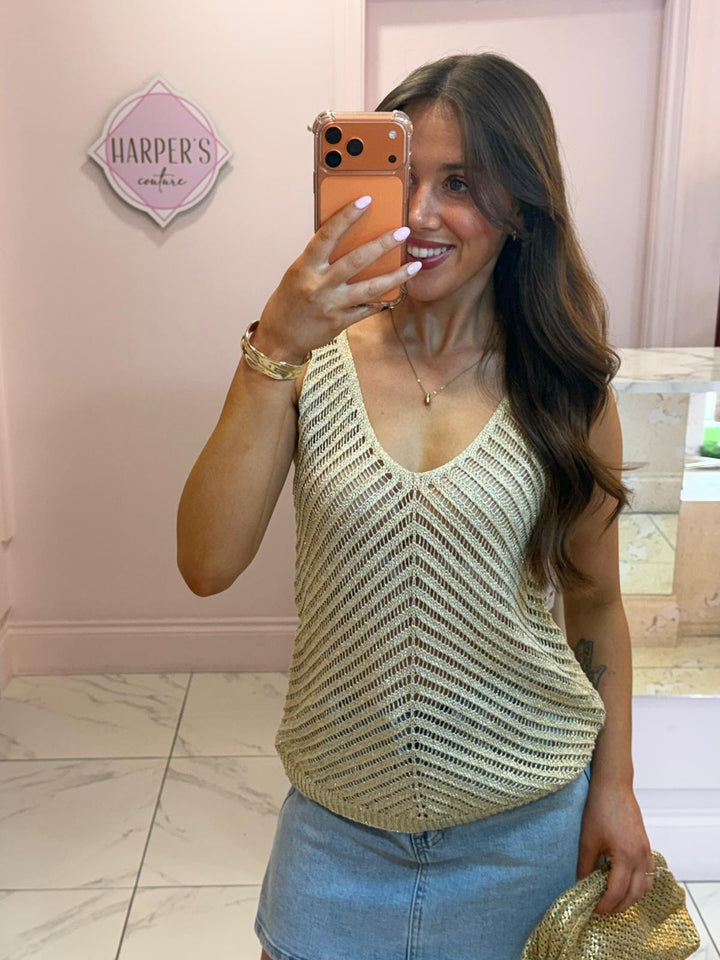 Mabel Gold Crochet Vest Top