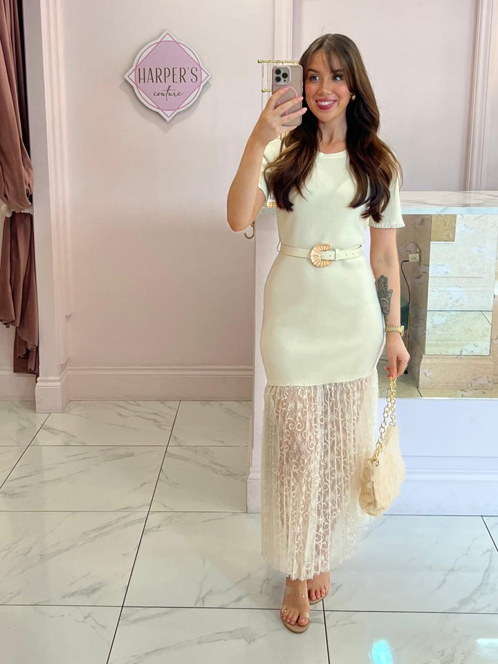 Bexley Knit Belted Dress With Lace Skirt