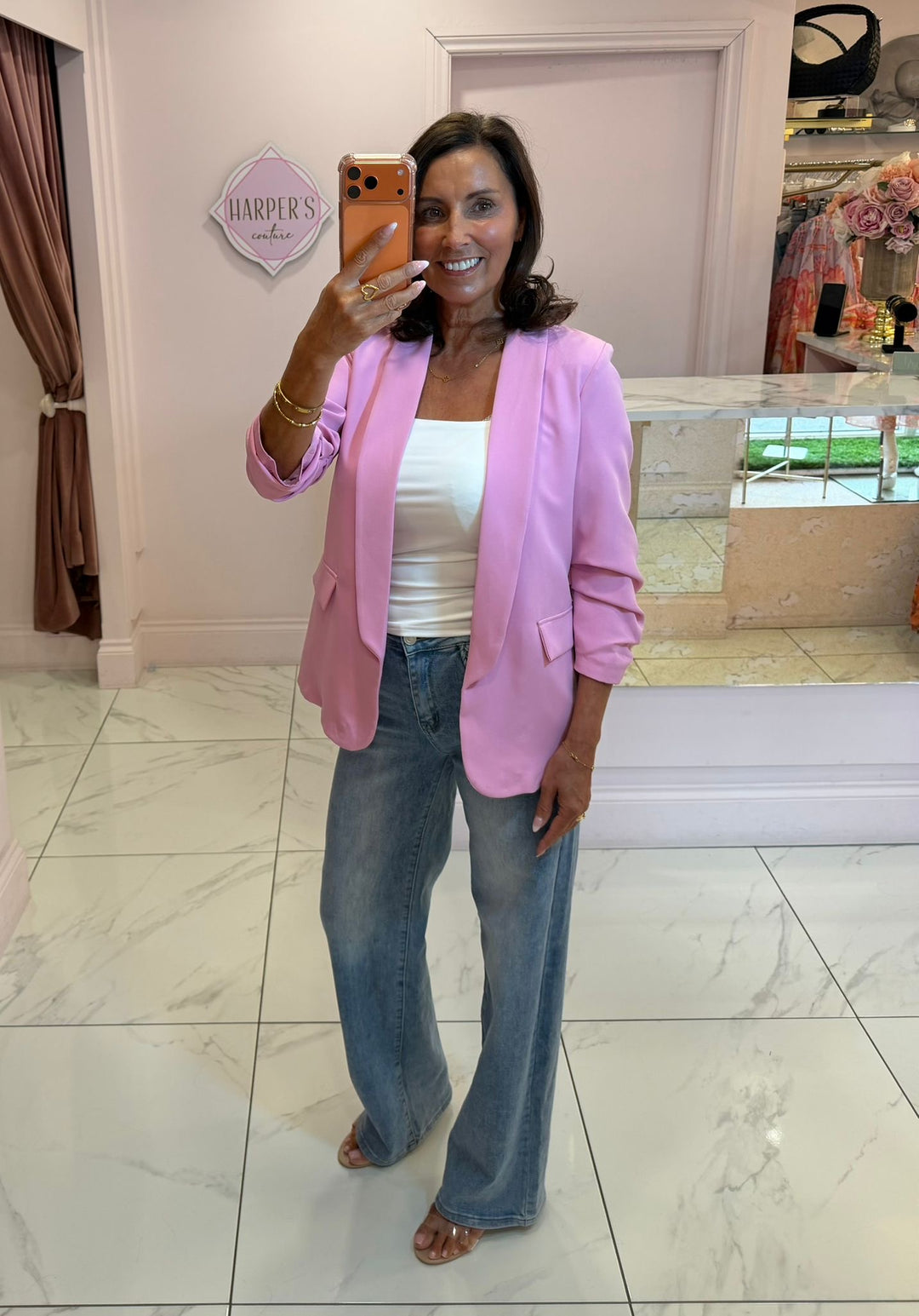 Gabby Pink Ruched Sleeve Blazer