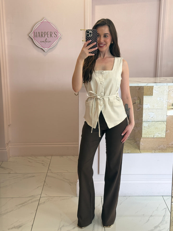 Matilda Striped Detail Waistcoat With Detachable Tie Belt