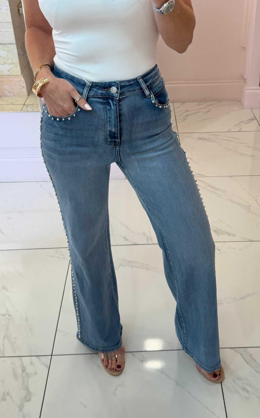 Pearl &amp; Stud Detail Stretch jeans