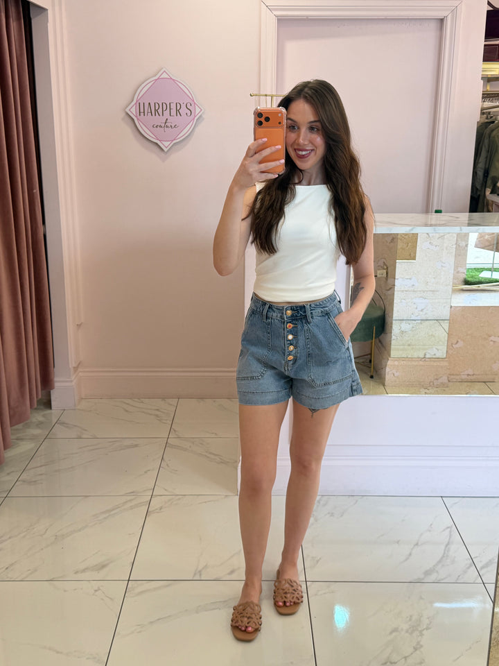 Edi Front Pocket Button Detail Denim Shorts