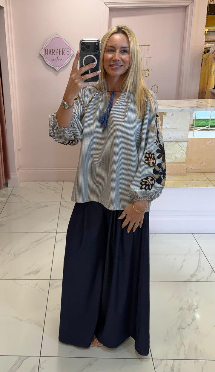 Andrea Stripe & Embroidery Detail Shirt/Blouse