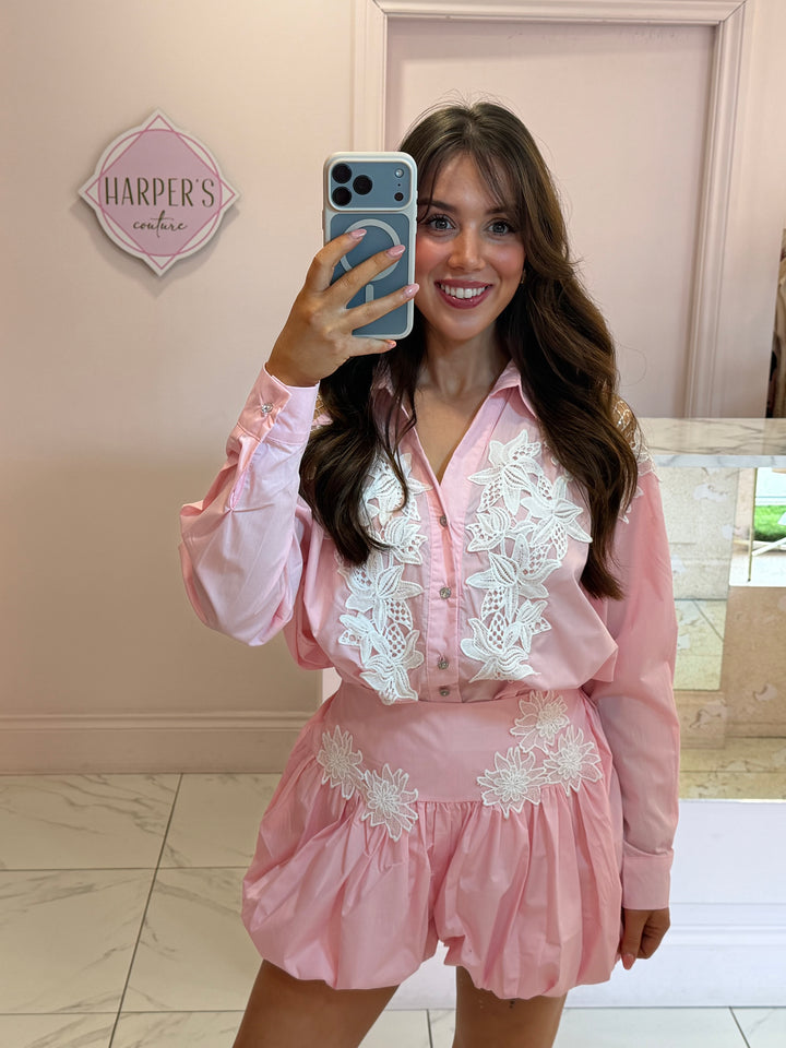 Suzy Floral Embroidered Shirt &amp; Puffball Skort Co Ord Set