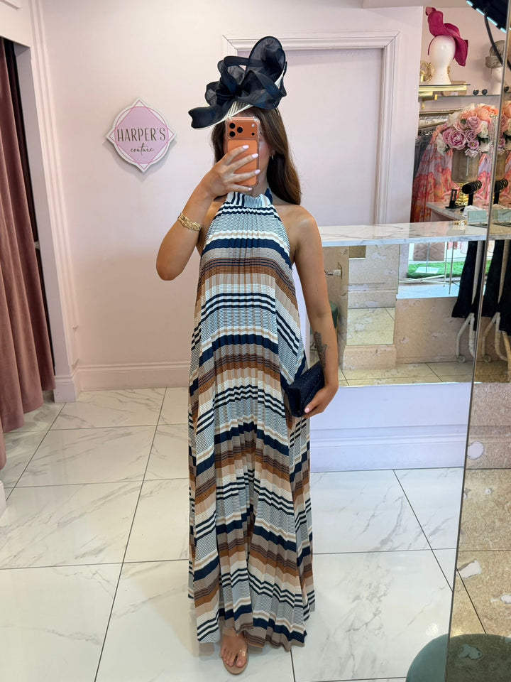 Imogen Stripe Pleated Halter Neck Maxi Dress
