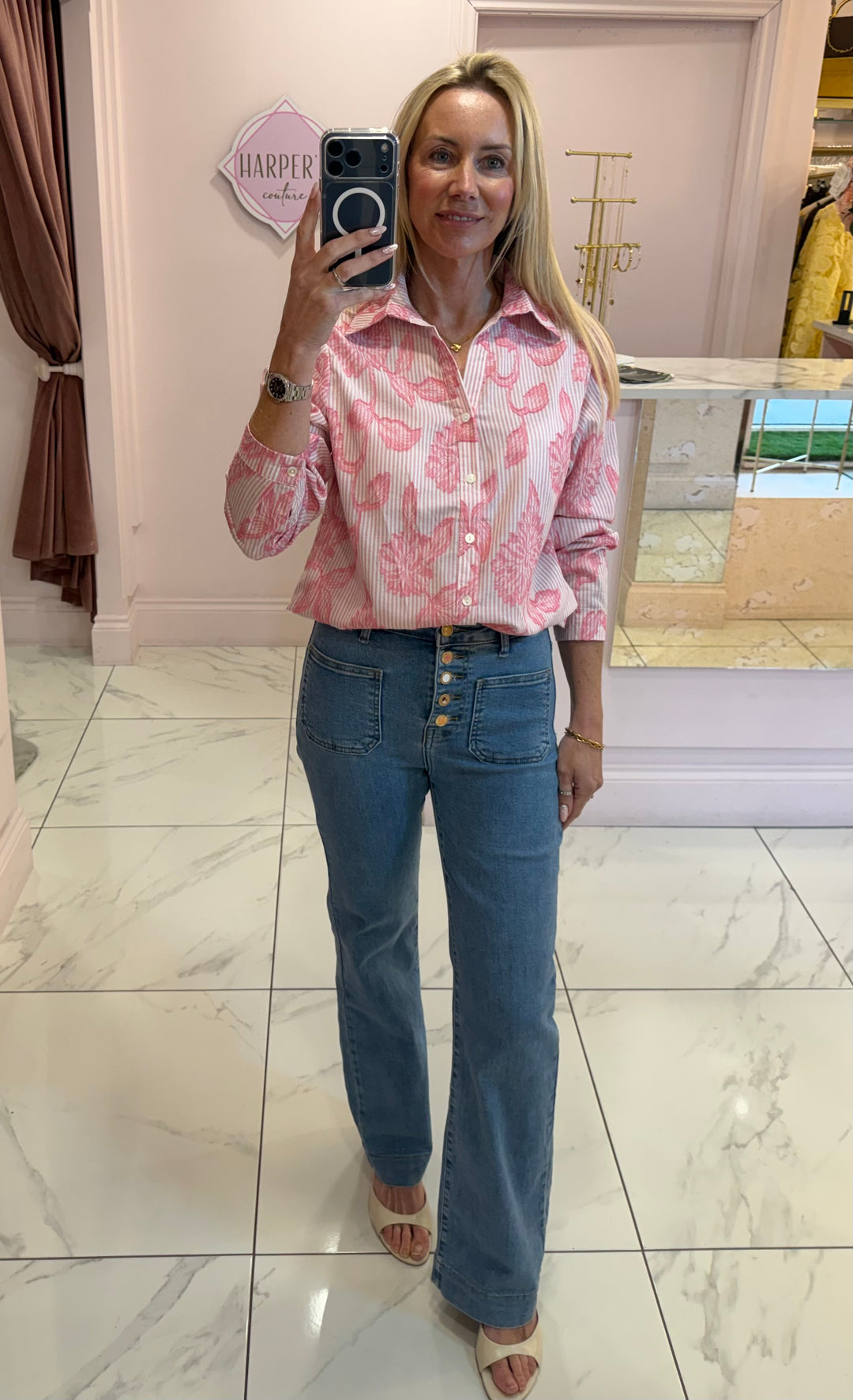 Alba Pink Stripe & Flower Detail Shirt/Blouse