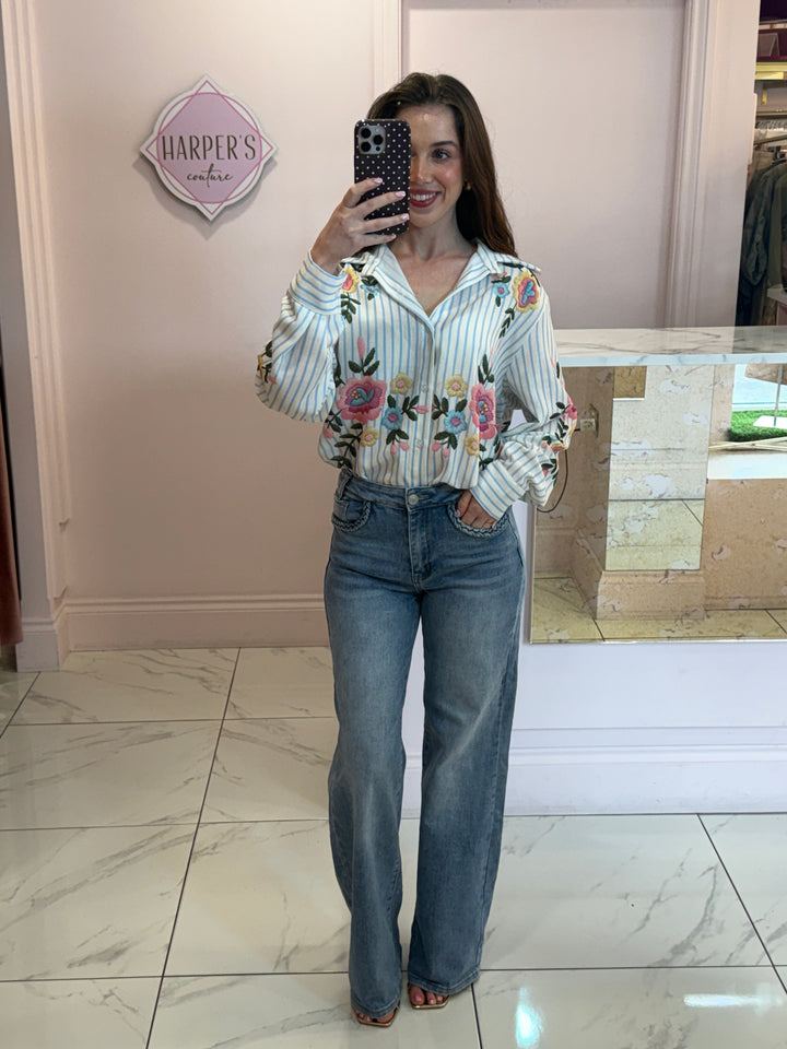 Kara Stripe &amp; Floral Print Detail Shirt/Blouse