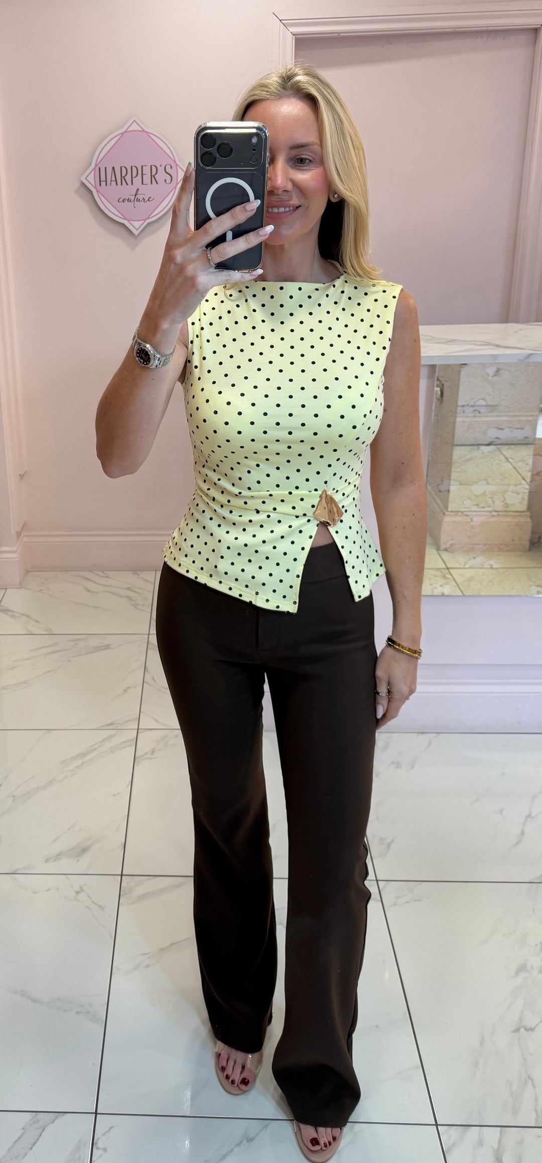 Beatrice Polka Dot Top With Gold Buckle Detail