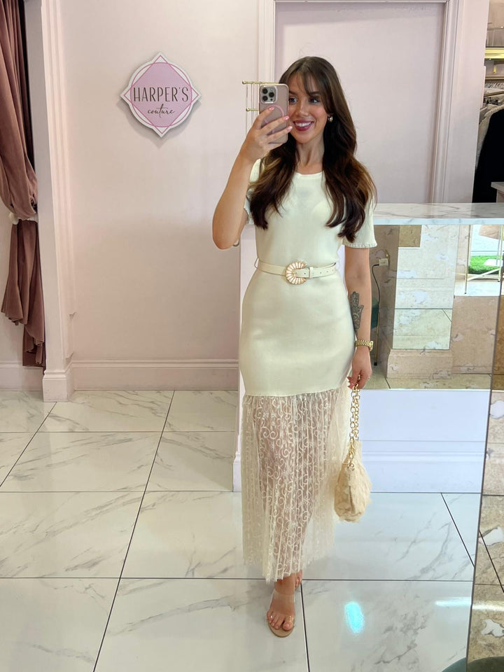 Bexley Knit Belted Dress With Lace Skirt