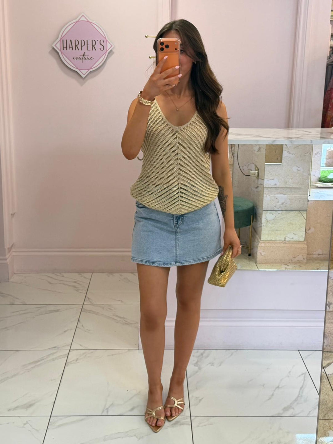 Mabel Gold Crochet Vest Top