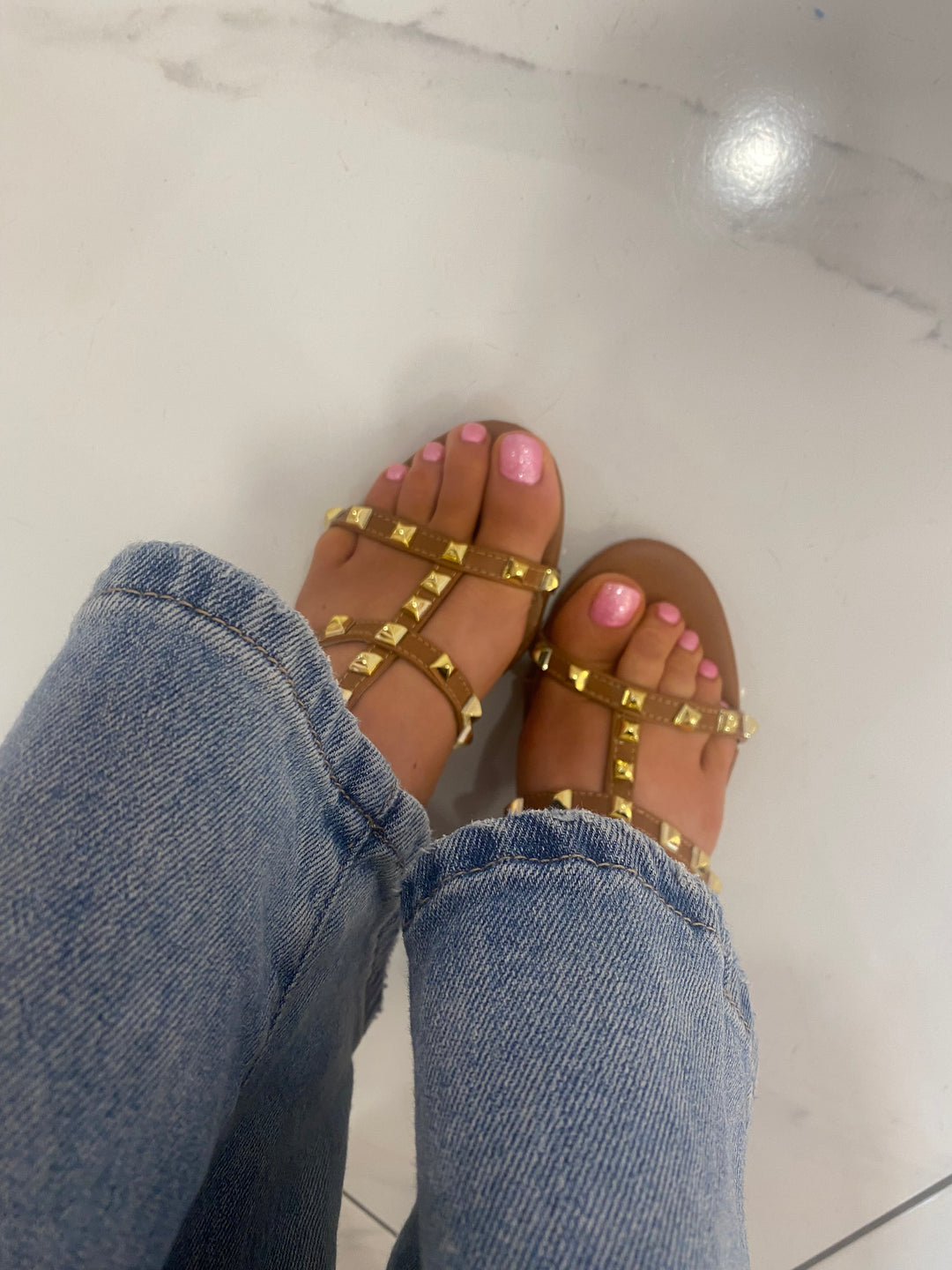 Valetta Tan Studded Block Heel Sandals