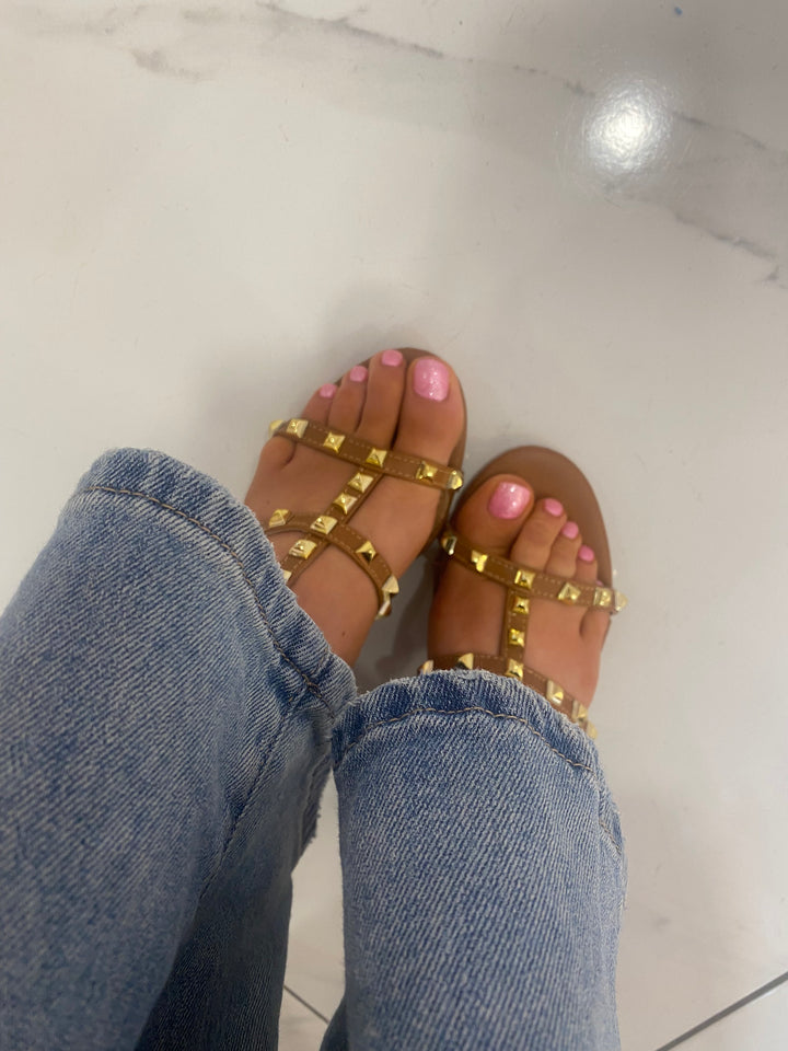 Valetta Tan Studded Block Heel Sandals