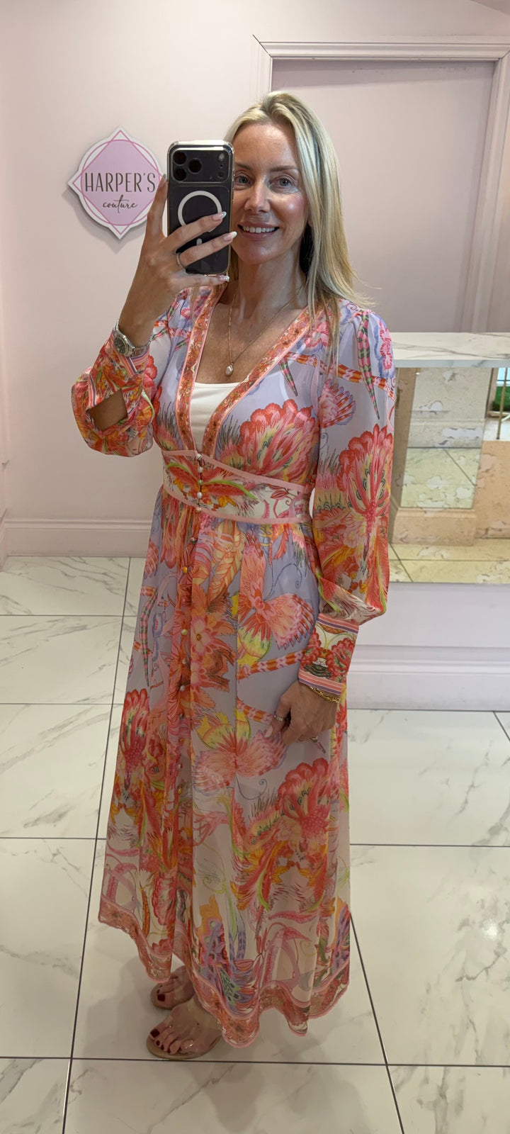 Cassie Coral &amp; Lilac Floral Print Long Sleeve Dress