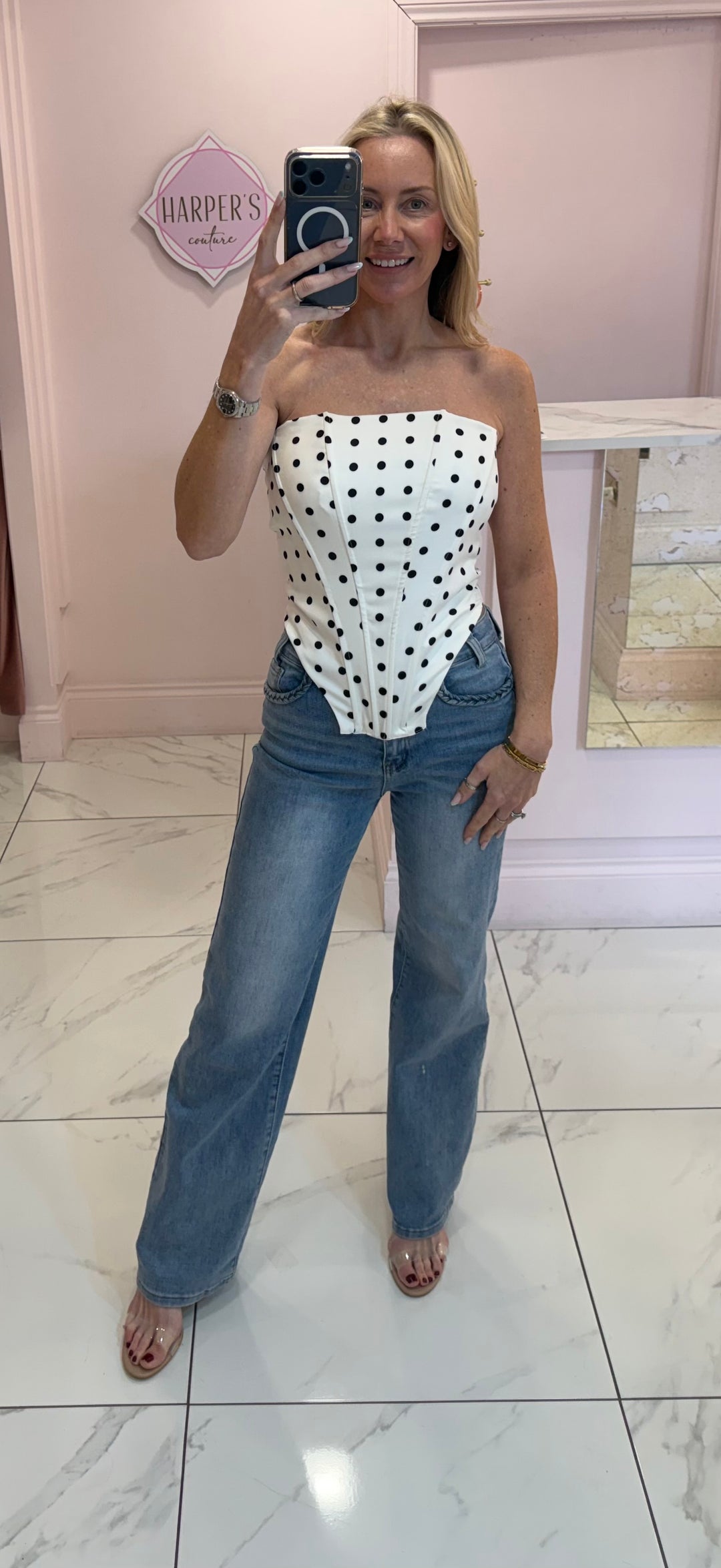 Dottie Polka Dot Lace Up Back Corset Top