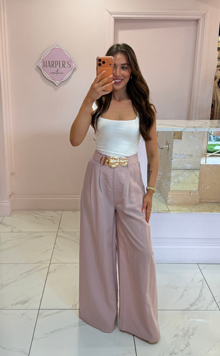 Isla Linen Look Wide Leg Belted Trousers