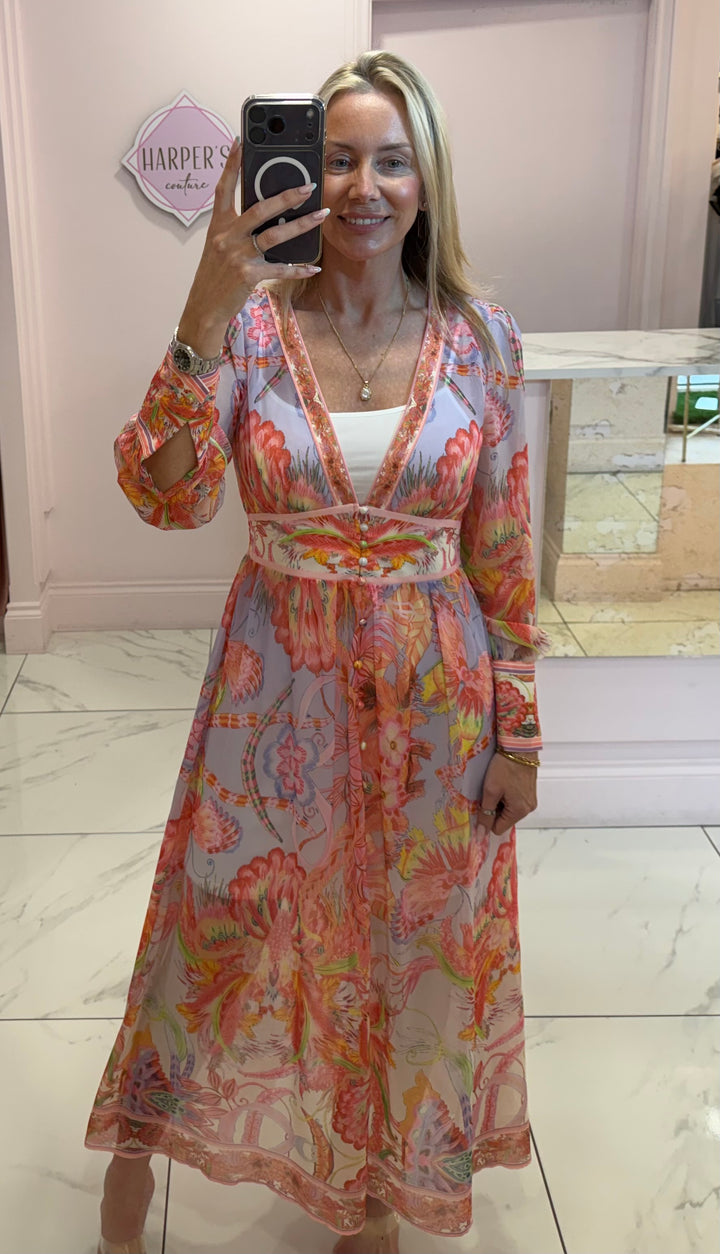 Cassie Coral &amp; Lilac Floral Print Long Sleeve Dress