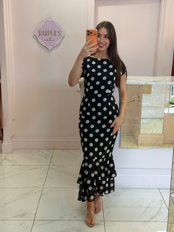 Roxy Boat Neck Frill Midi Black Spot