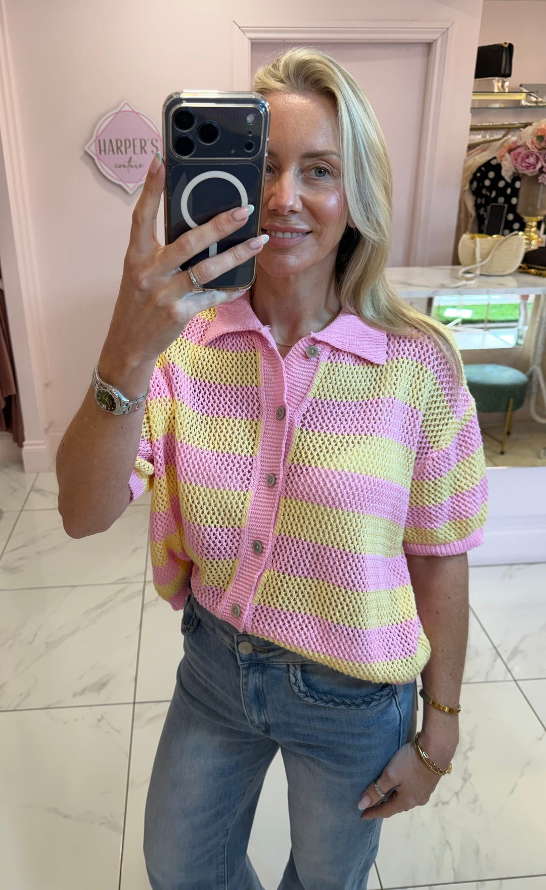 Raye Pink &amp; Yellow Button Detail Top/Cardigan