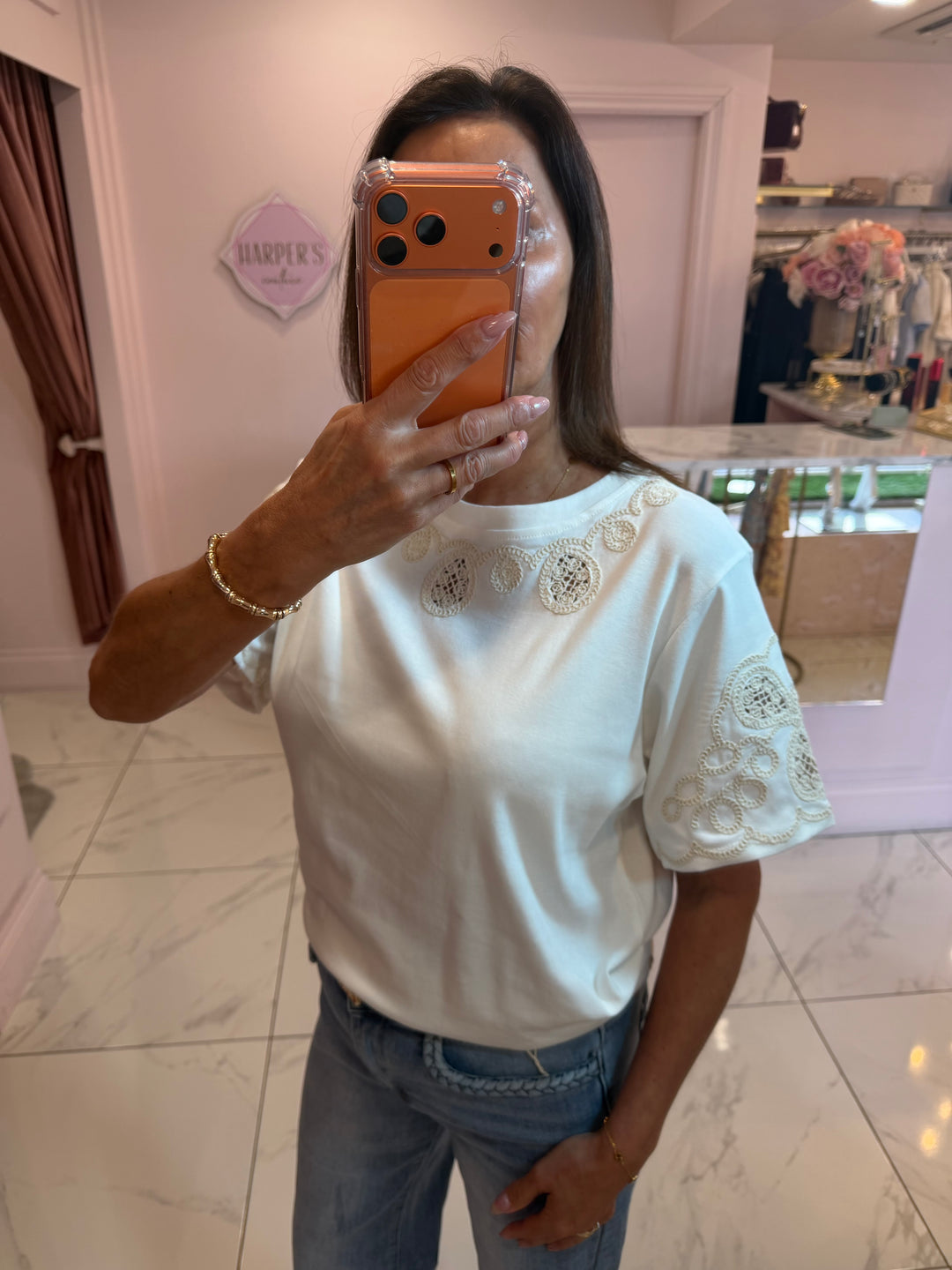 Pearl White Crochet Detail T-Shirt