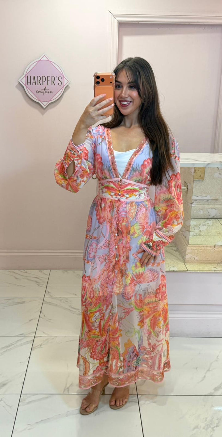 Cassie Coral &amp; Lilac Floral Print Long Sleeve Dress