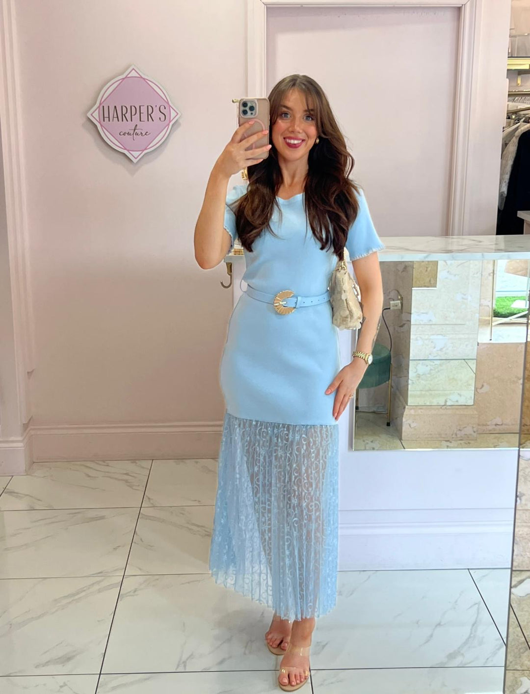 Bexley Knit Belted Dress With Lace Skirt