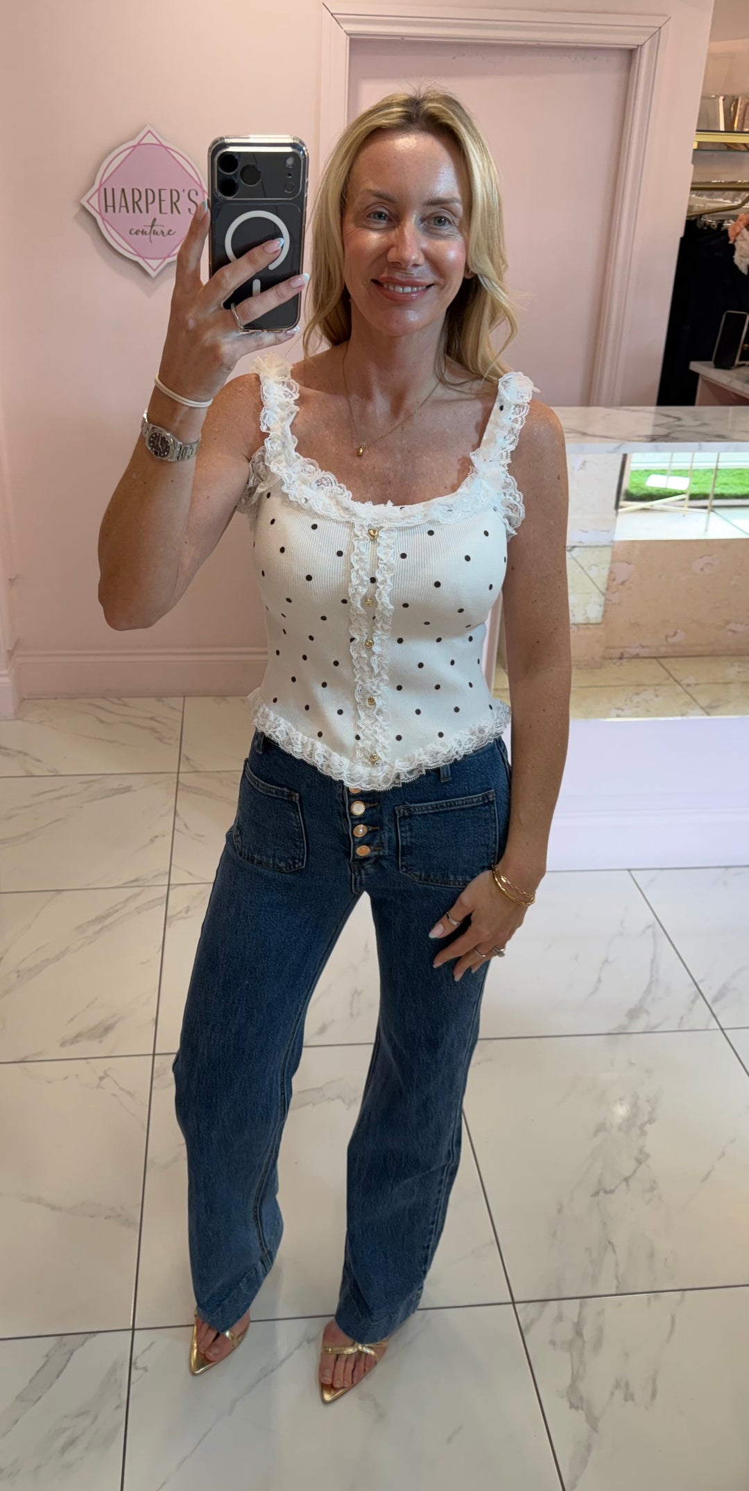 Ellen Polka Dot &amp; Lace Trim Top