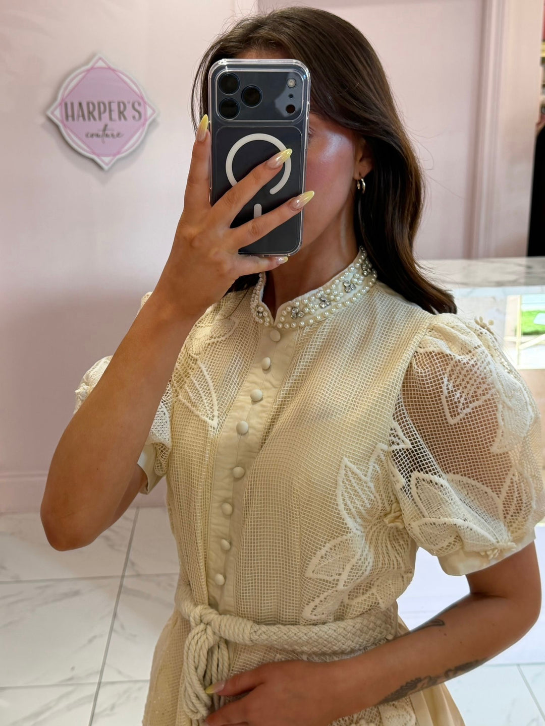 Cresta Cream Embellished 3d Flower Dress