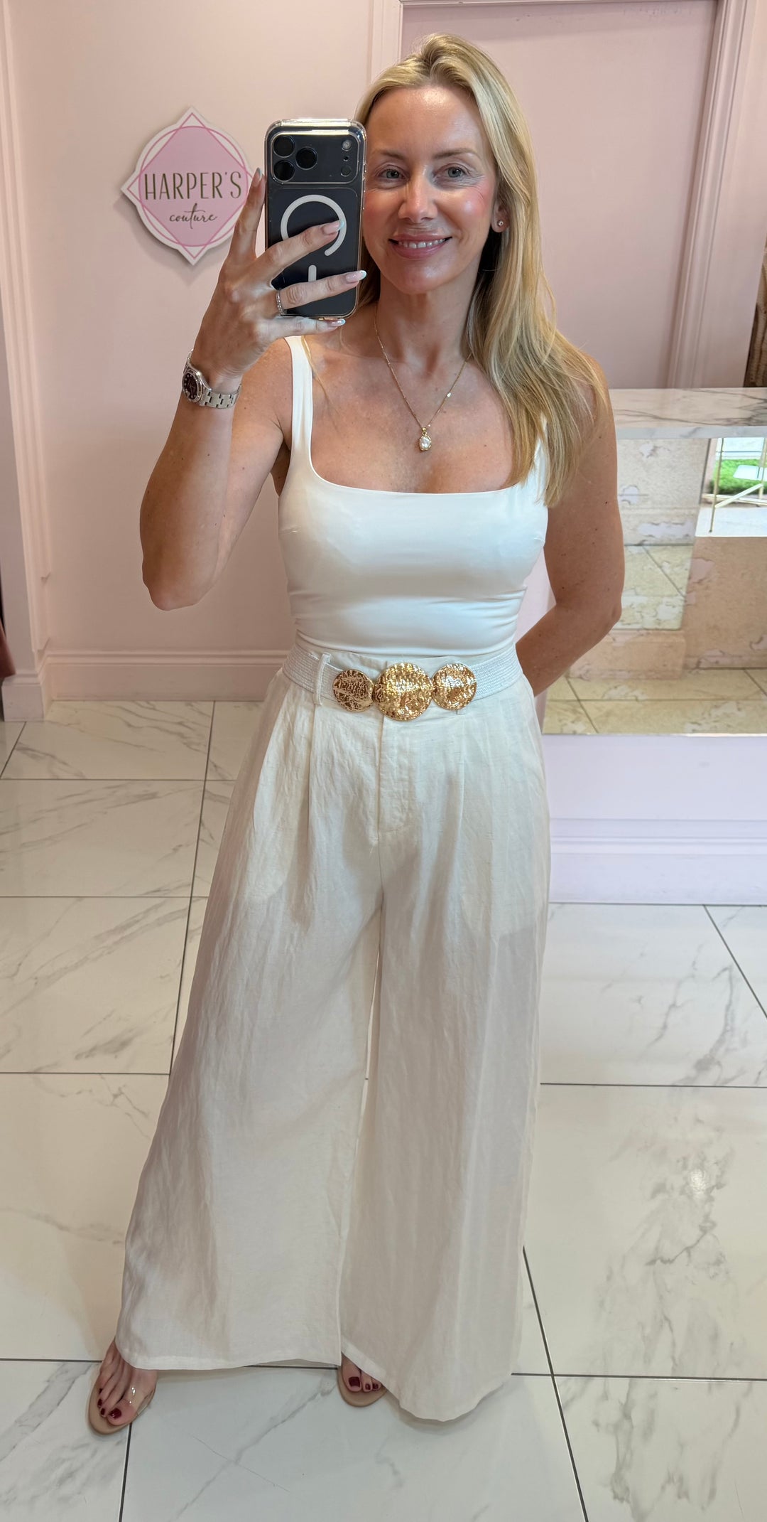 Isla Linen Look Wide Leg Belted Trousers