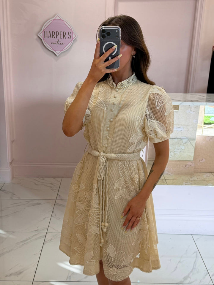 Cresta Cream Embellished 3d Flower Dress