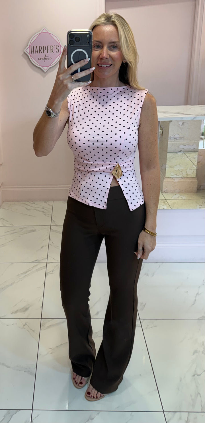 Beatrice Polka Dot Top With Gold Buckle Detail