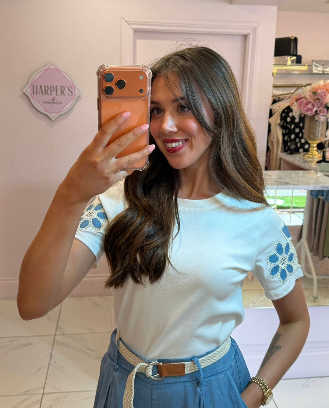 Flower Detail Sleeve T-Shirt