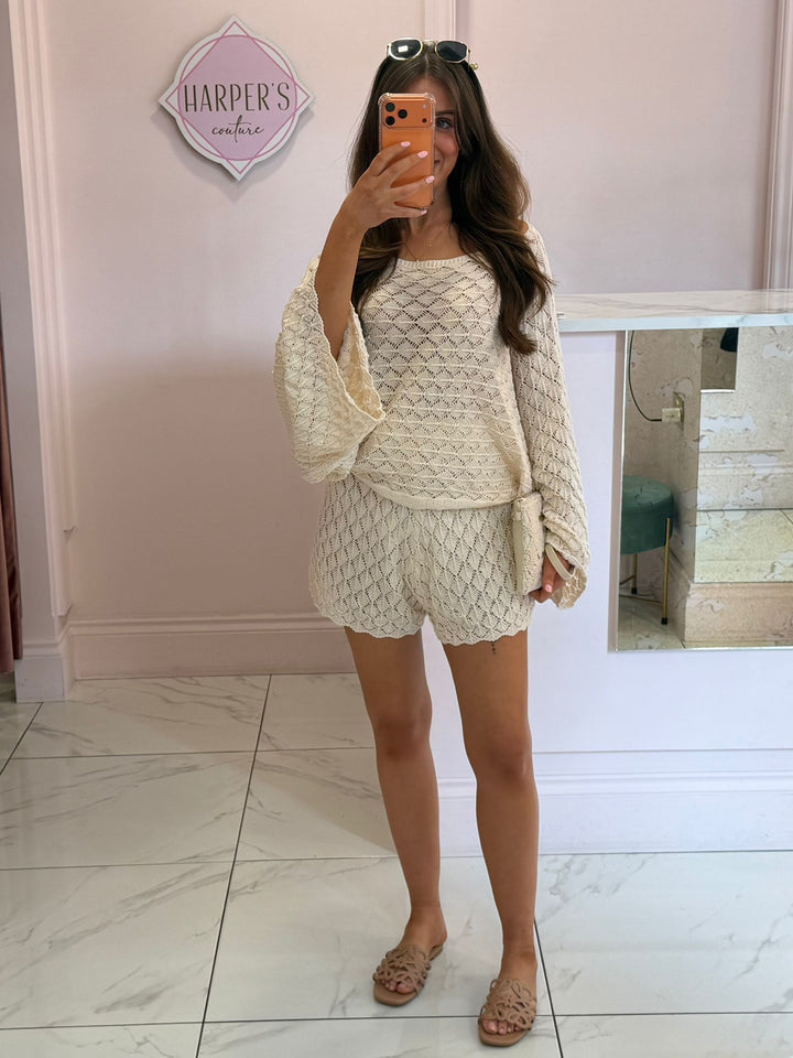 Roxy Cream Crochet Top &amp; Shorts Co Ord Set